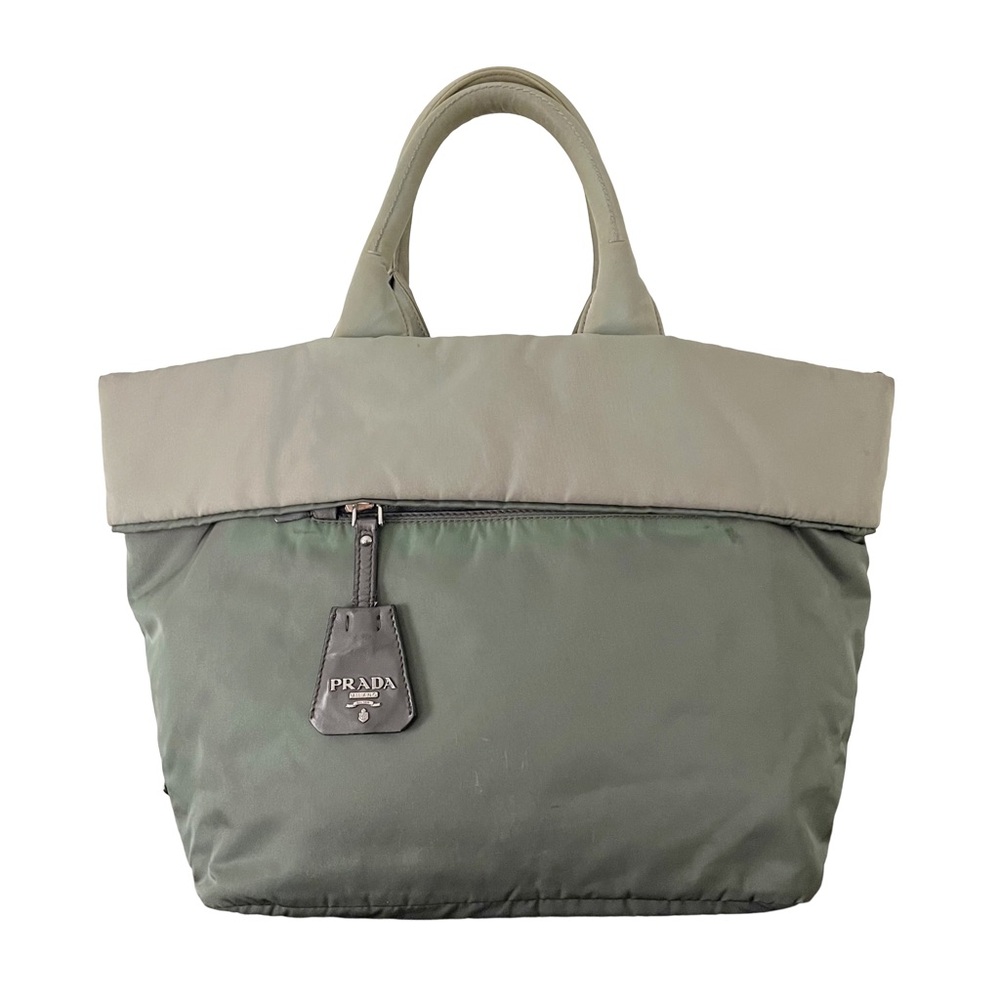 Prada green gray Tessuto nylon reversible travel tote bag